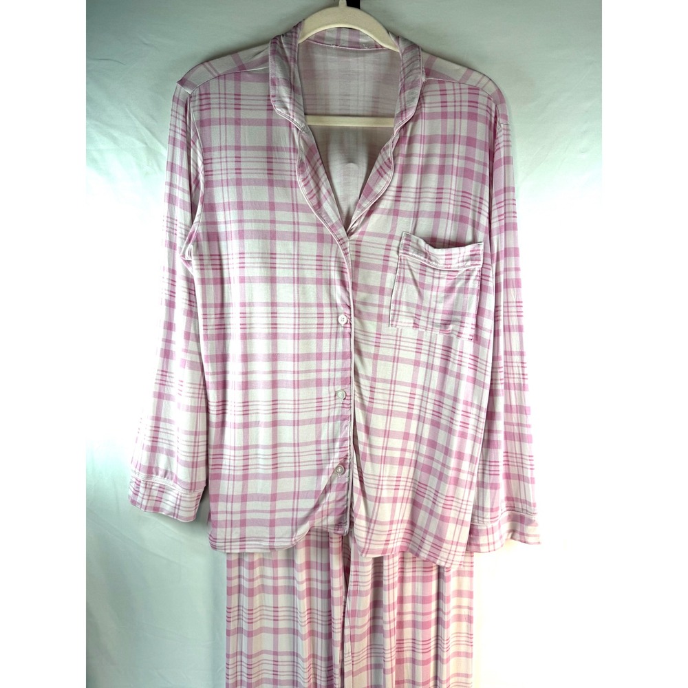 Stripe & Stare Pink Plaid Modal Pajama Set Long Sleeve Button Down Pants Size M
